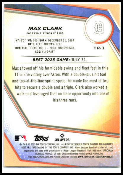 2025 Bowman's Best Orange Refractors #TP-1 Max Clark #/25 Detroit Tigers