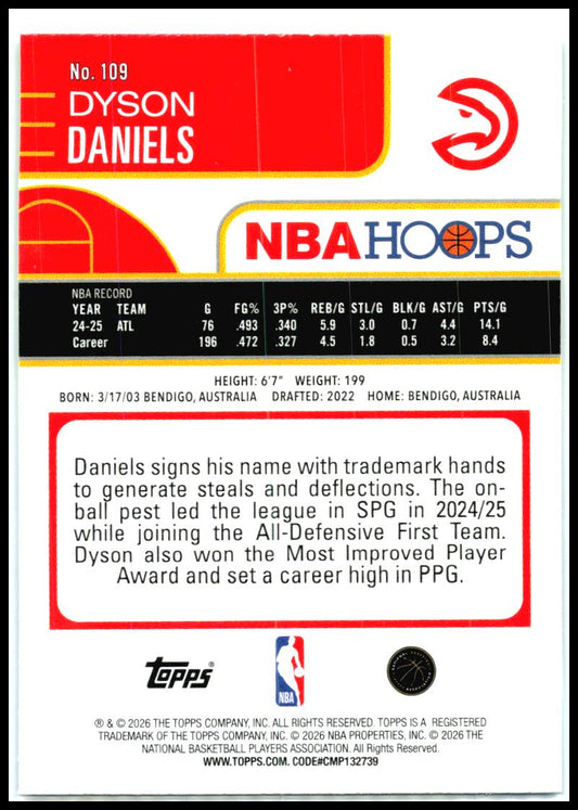 2025-26 Hoops Rainbow Green and Blue /249 #109 Dyson Daniels Atlanta Hawks