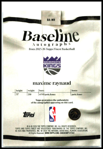 2025-26 Finest Baseline Blue X-Fractor #BA-MR Maxime Raynaud Auto Kings