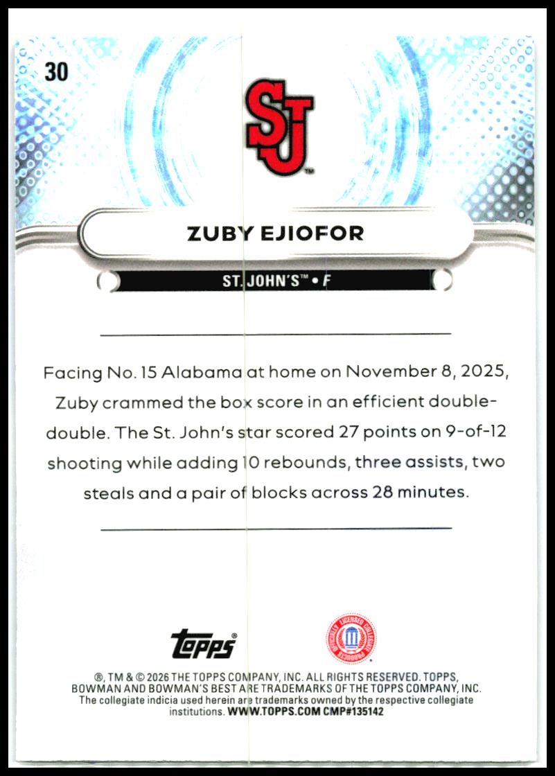 2025-26 Bowman University's Best Purple #/250 #30 Zuby Ejiofor