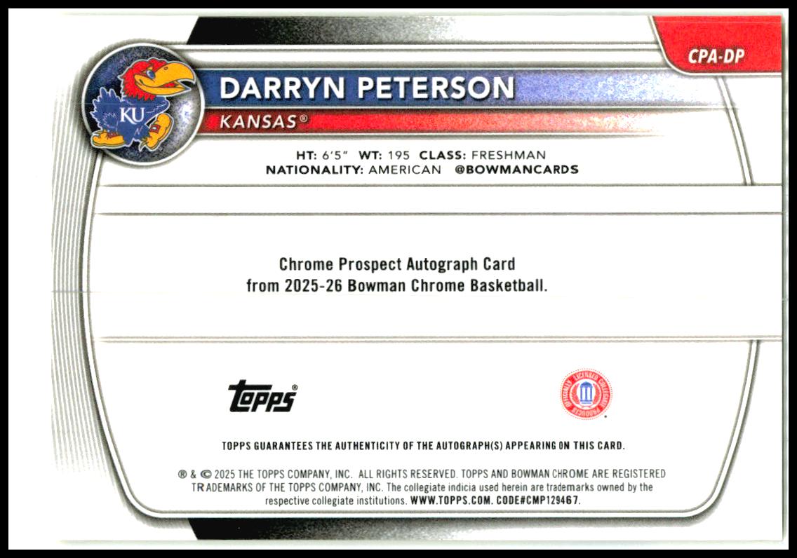 2025-26 Bowman Chrome Auto Yellow Mojo #/75 #CPA-DP Darryn Peterson Auto Kansas
