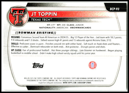 2025-26 Bowman Chrome Gold Geometric Refractor #BCP-93 JT Toppin Texas Tech