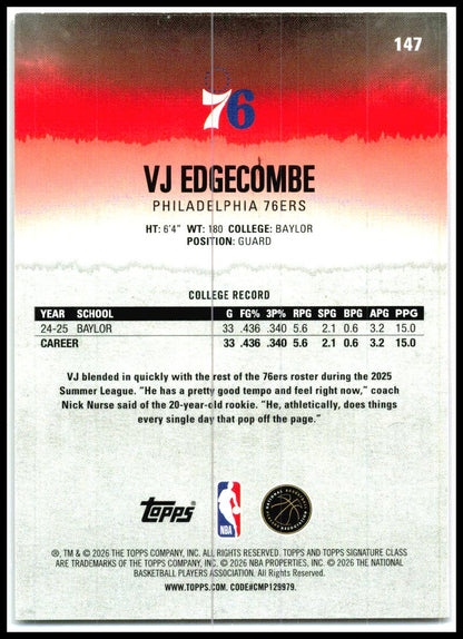2025-26 Topps Signature Class Pink #147 VJ Edgecombe Rookie 76ers
