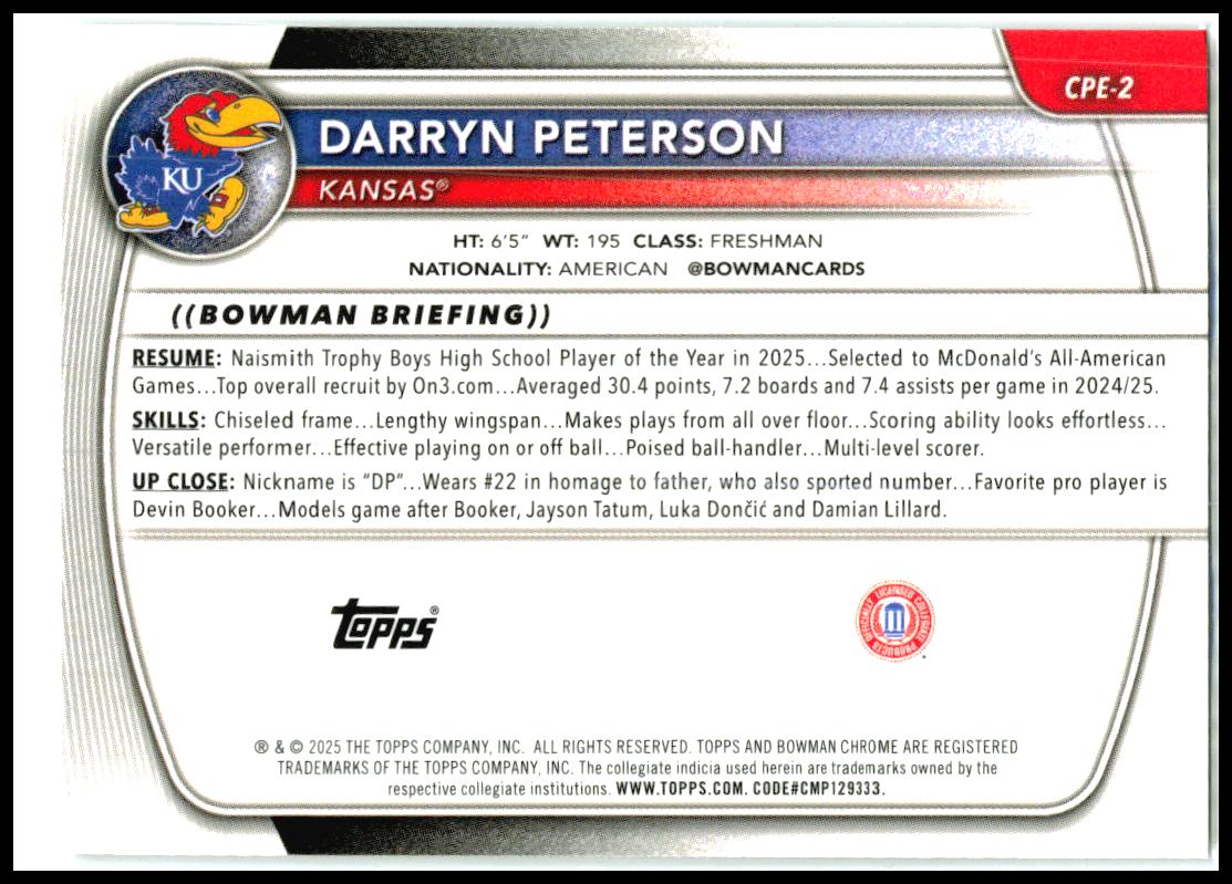 2025-26 Bowman Chrome Etched In Glass Variations #CPE-2 Darryn Peterson Kansas