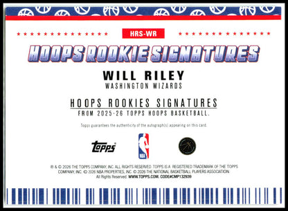 2025-26 Topps NBA Hoops Rookie Signatures #HRS-WR Will Riley Wizards