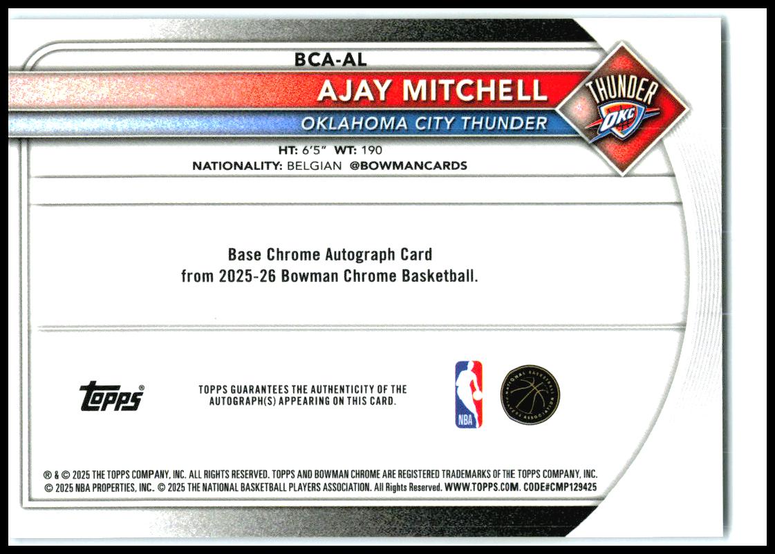 2025-26 Bowman Chrome Blue Mojo Auto #/50 #BCA-AL Ajay Mitchell Thunder
