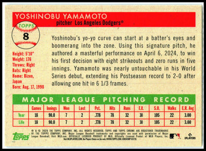 2025 Topps Chrome Platinum Blue Prism Refractors #8 Yoshinobu Yamamoto Dodgers