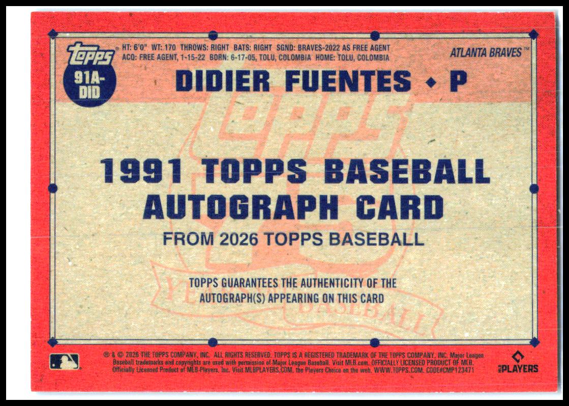 2026 Topps 1991 Topps 35th Auto Blue #/150 #91A-DID Didier Fuentes Auto Braves