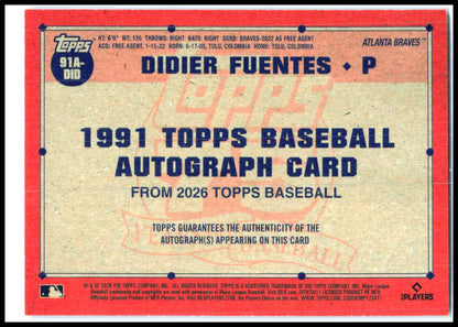 2026 Topps 1991 Topps 35th Auto Blue #/150 #91A-DID Didier Fuentes Auto Braves