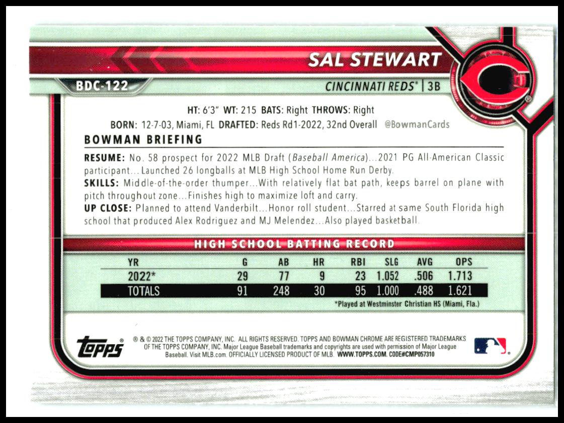 2022 Bowman Draft Chrome #BDC-122 Sal Stewart Cincinnati Reds