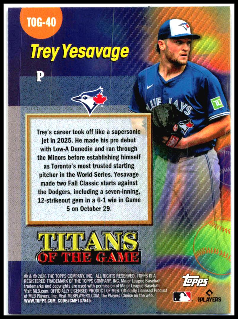 2026 Topps titans of the game #TOG40 Trey Yesavage