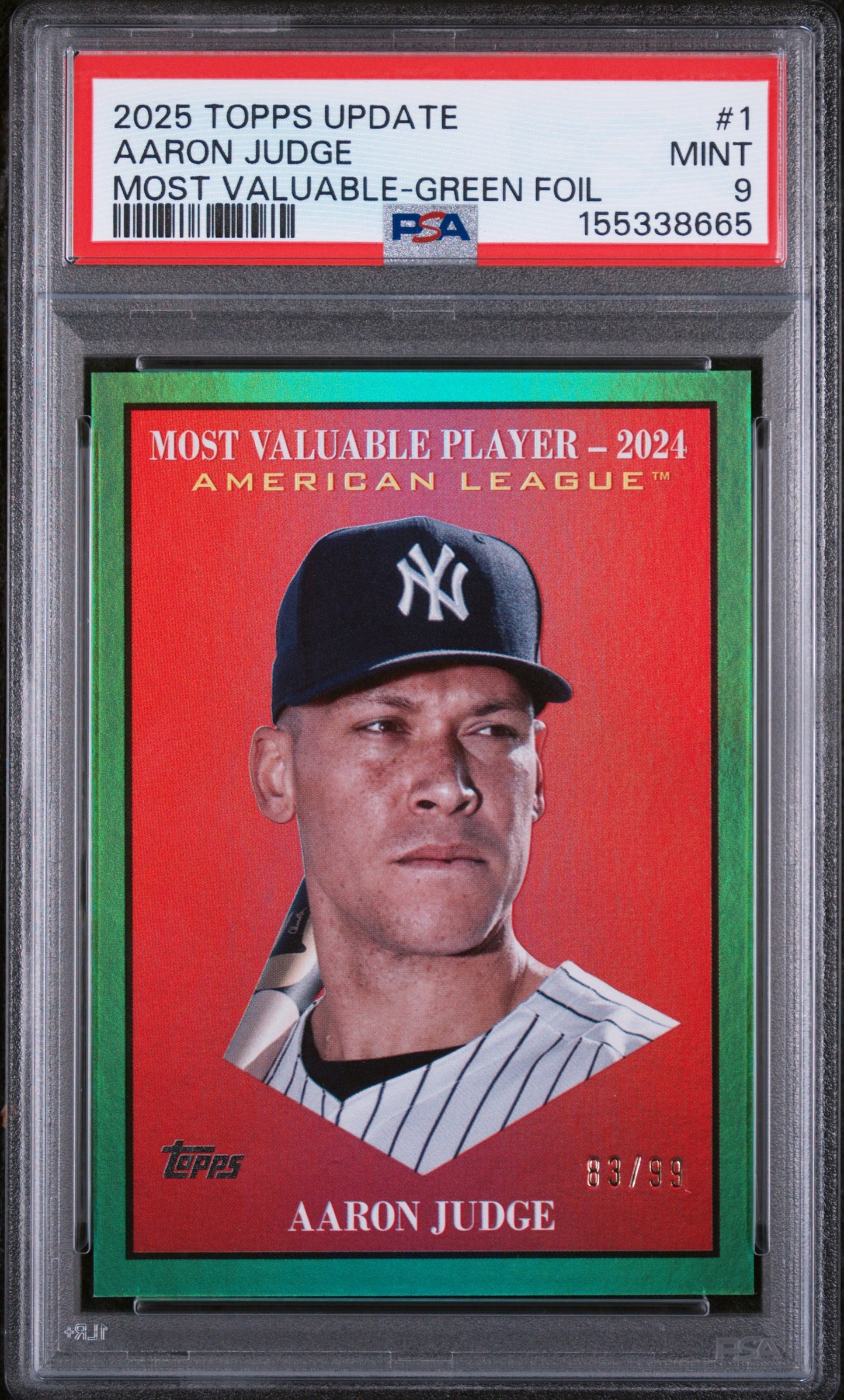2025 Topps Update Most Valuable Most Valuable-Green Foil #1 Aaron Judge PSA 9 Mint