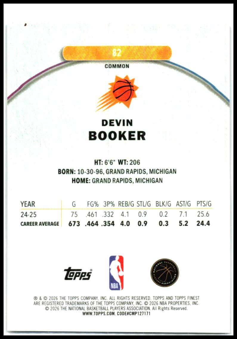 2025-26 Finest Black Refractor #82 Devin Booker #/15 Phoenix Suns