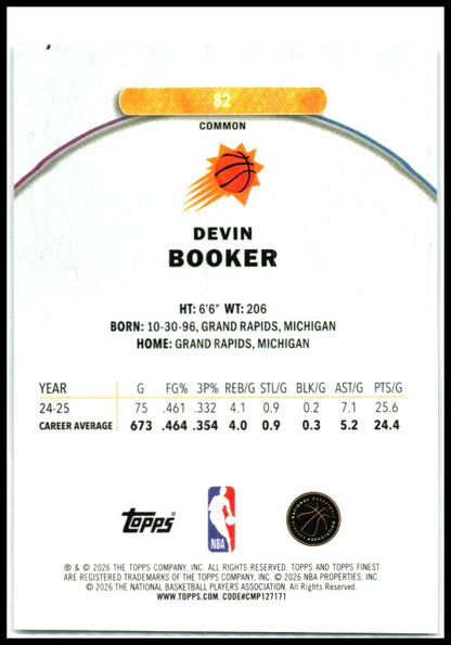 2025-26 Finest Black Refractor #82 Devin Booker #/15 Phoenix Suns