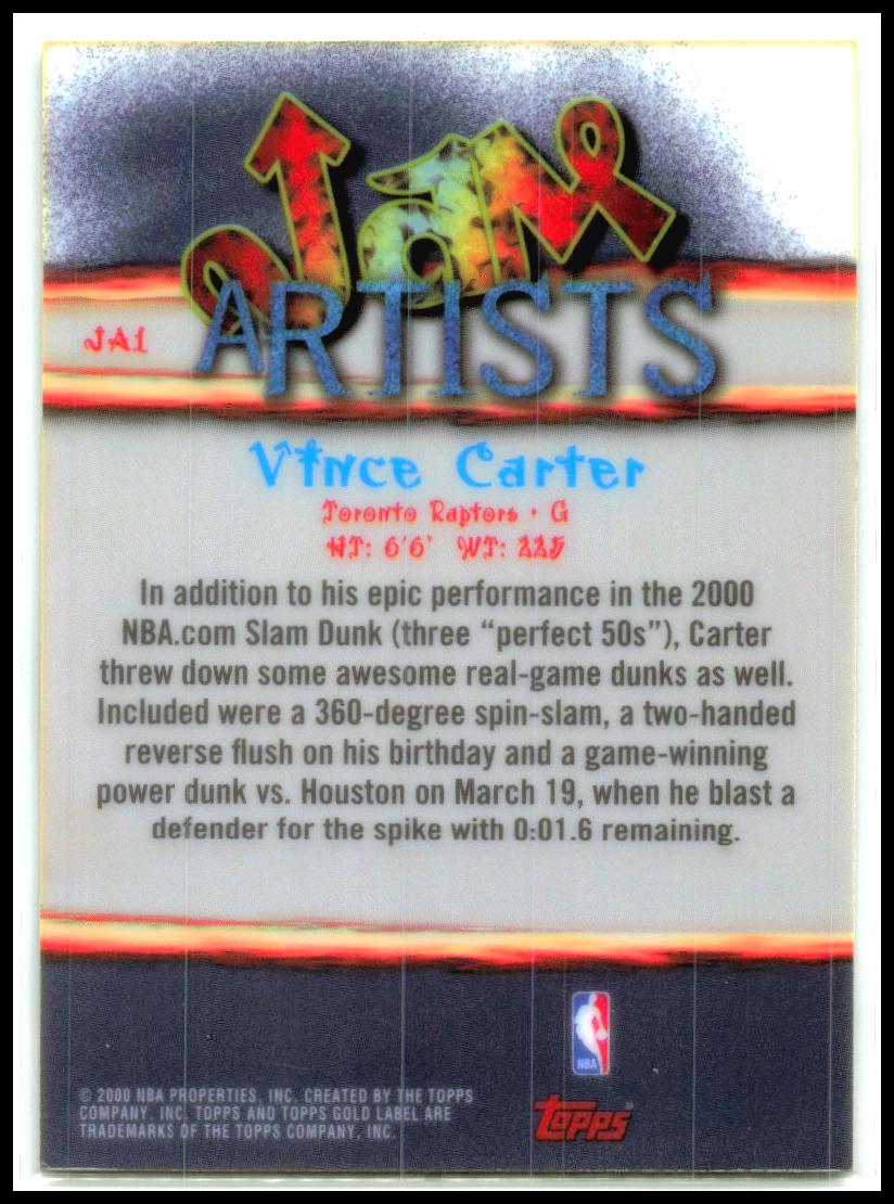 2000-01 Topps Gold Label Jam Artists #JA1 Vince Carter Toronto Raptors
