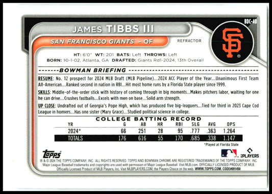 2024 Bowman Draft Chrome Refractor #BDC-40 James Tibbs III San Francisco Giants