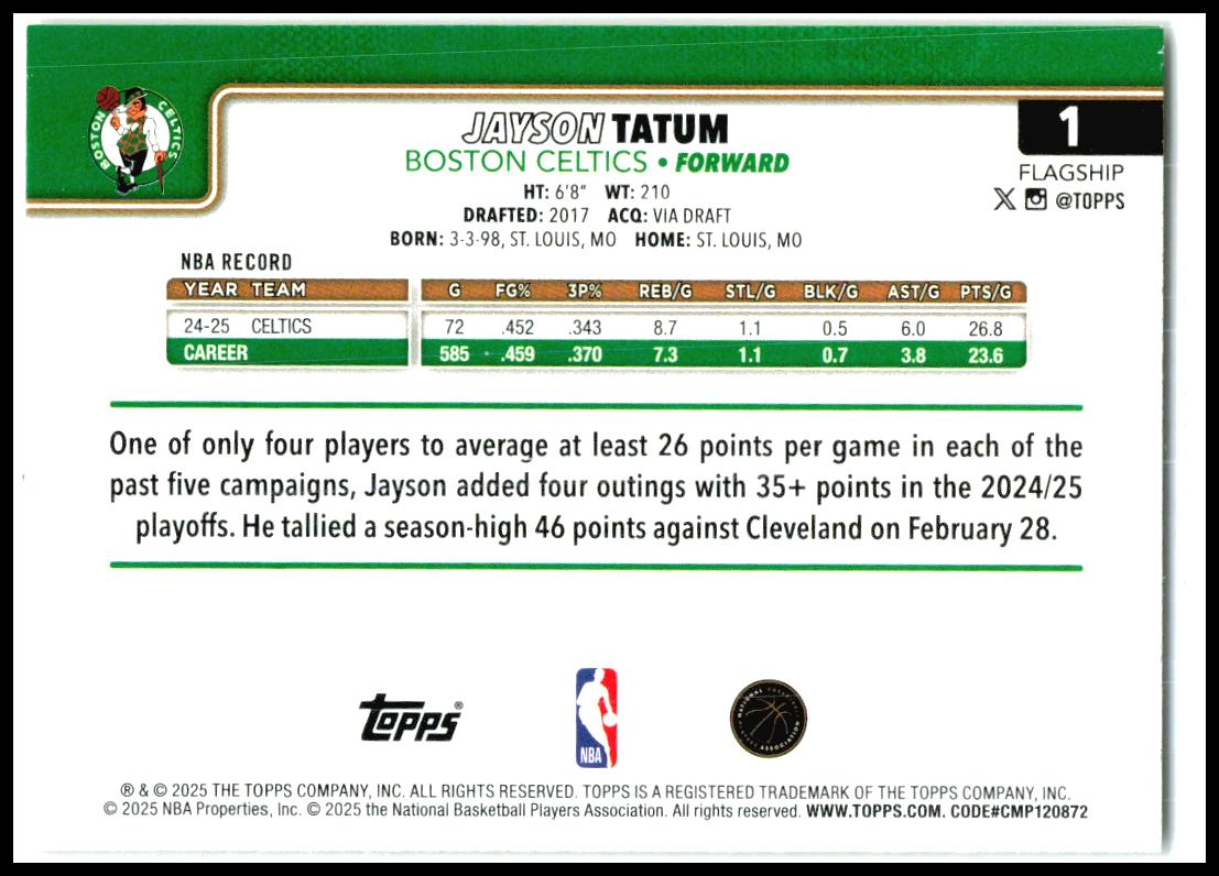 2025-26 Topps Gold #1 Jayson Tatum #/2025 Boston Celtics