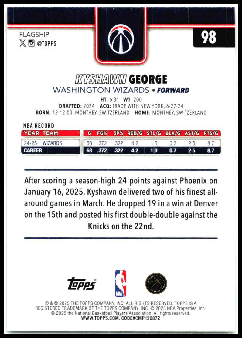 2025-26 Topps Gold #98 Kyshawn George #/2025 Washington Wizards