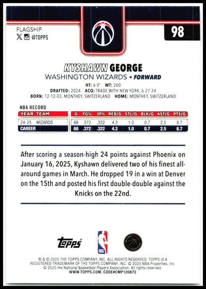 2025-26 Topps Gold #98 Kyshawn George #/2025 Washington Wizards