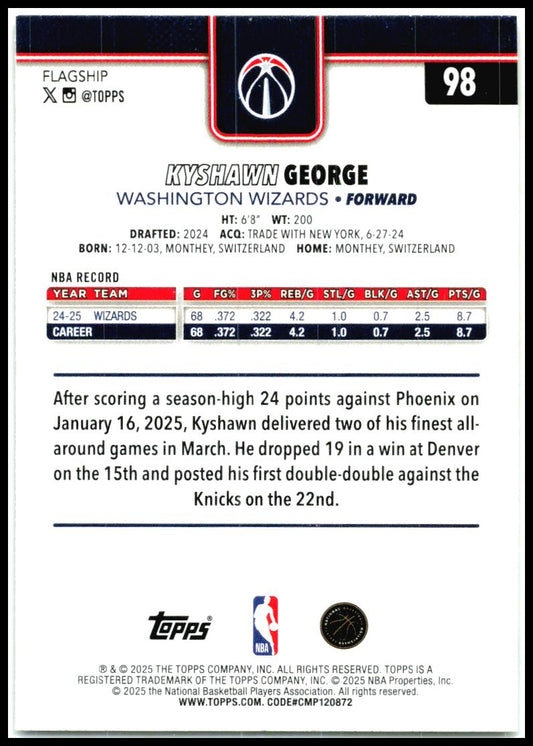 2025-26 Topps Gold #98 Kyshawn George #/2025 Washington Wizards