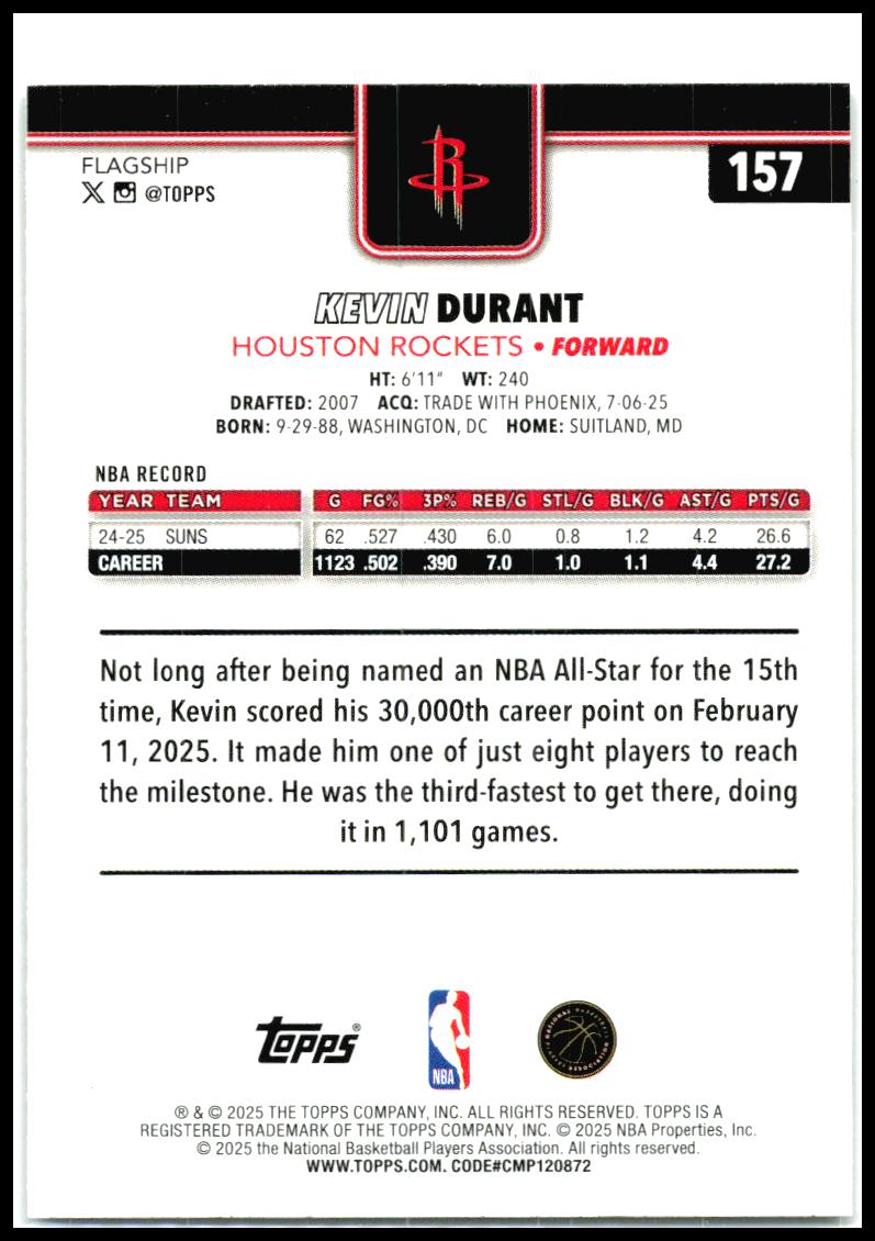 2025-26 Topps Gold #157 Kevin Durant #/2025 Houston Rockets