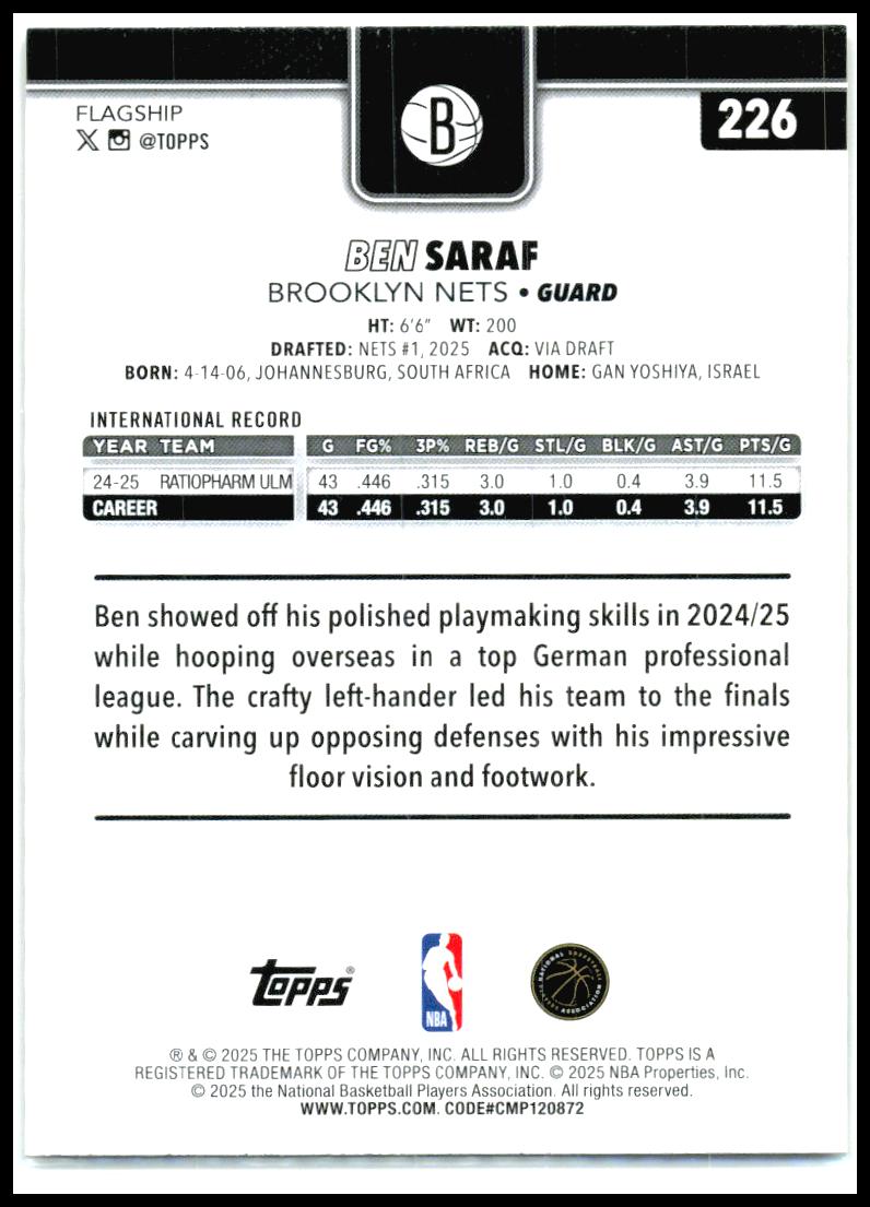 2025-26 Topps Gold #226 Ben Saraf Rookie #/2025 Brooklyn Nets