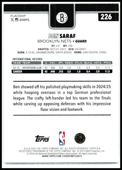 2025-26 Topps Gold #226 Ben Saraf Rookie #/2025 Brooklyn Nets