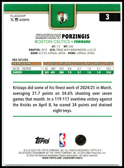 2025-26 Topps Purple Holo Foil /250 #3 Kristaps Porzingis Boston Celtics