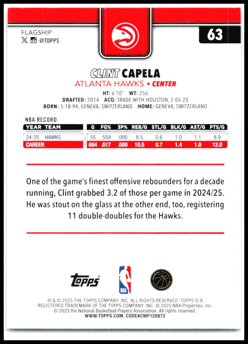 2025-26 Topps Gold #63 Clint Capela #/2025 Atlanta Hawks