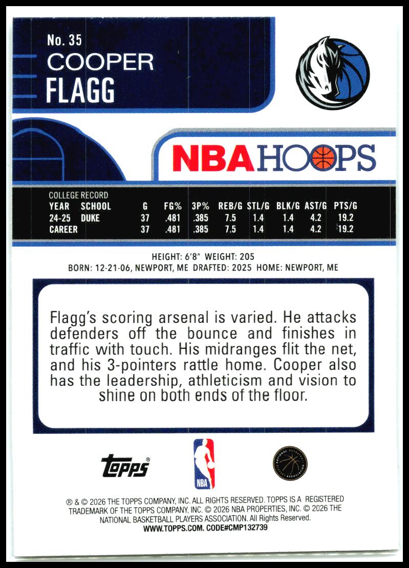 2025-26 Hoops Light Burst #35 Cooper Flagg Rookie Dallas Mavericks