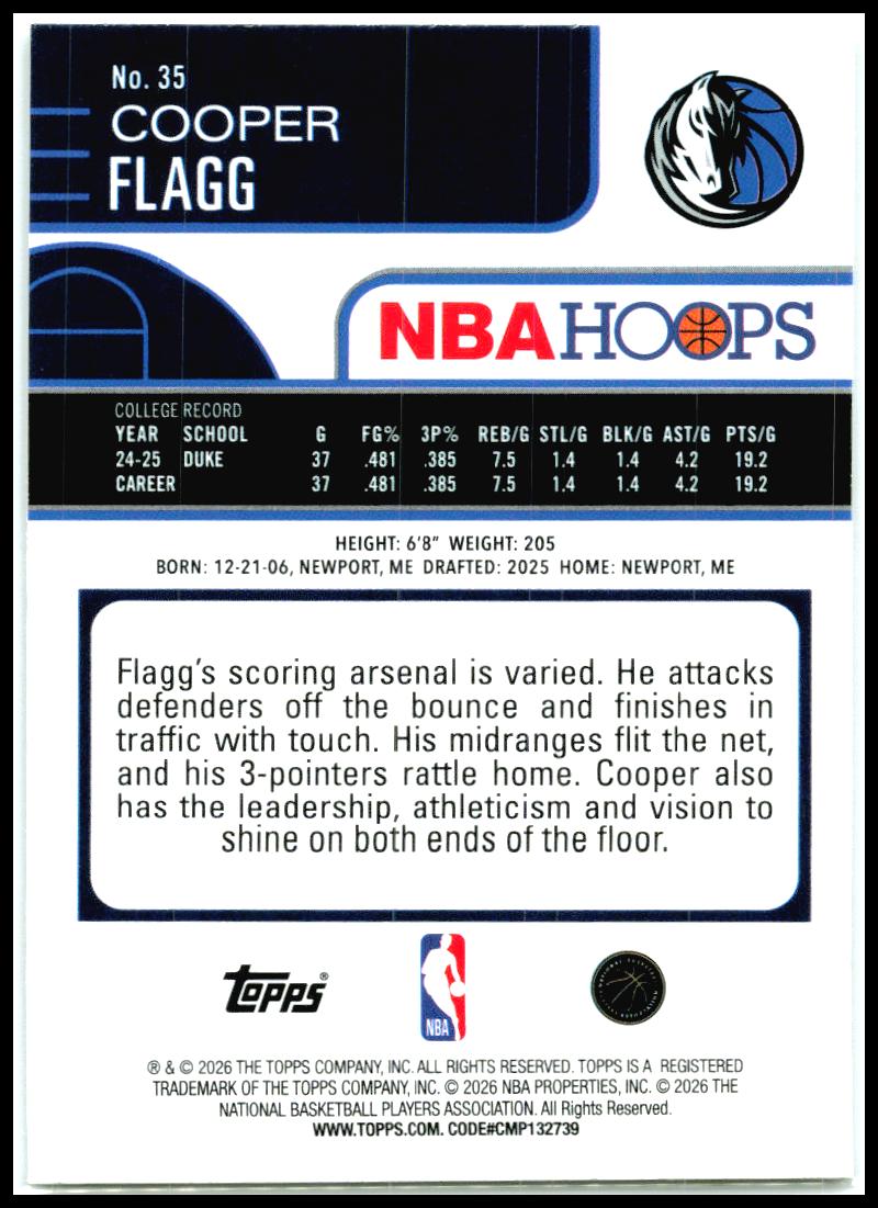 2025-26 Hoops #35 Cooper Flagg Rookie Dallas Mavericks