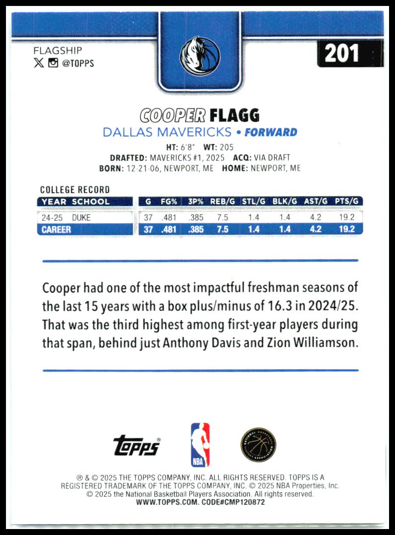 2025-26 Topps #201 Cooper Flagg Rookie Dallas Mavericks