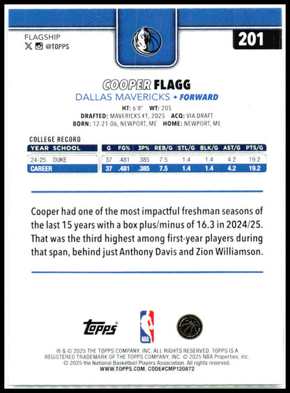 2025-26 Topps #201 Cooper Flagg Rookie Dallas Mavericks
