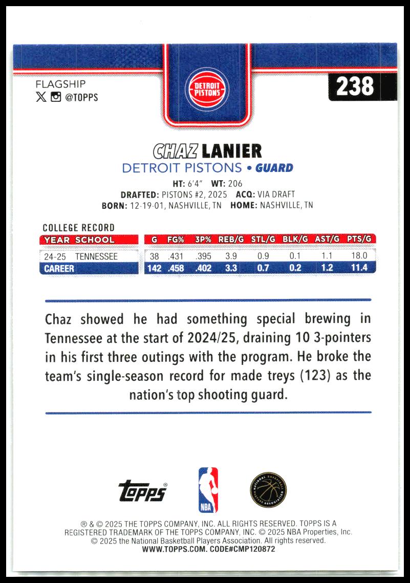 2025-26 Topps Gold #238 Chaz Lanier Rookie #/2025 Detroit Pistons