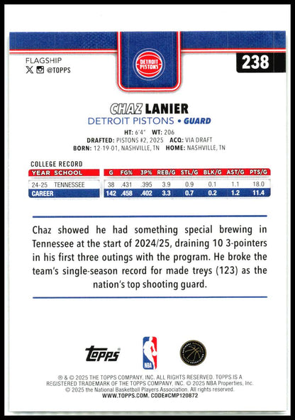2025-26 Topps Gold #238 Chaz Lanier Rookie #/2025 Detroit Pistons
