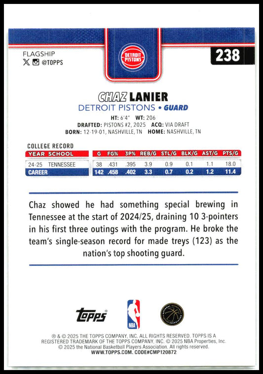 2025-26 Topps Gold #238 Chaz Lanier Rookie #/2025 Detroit Pistons