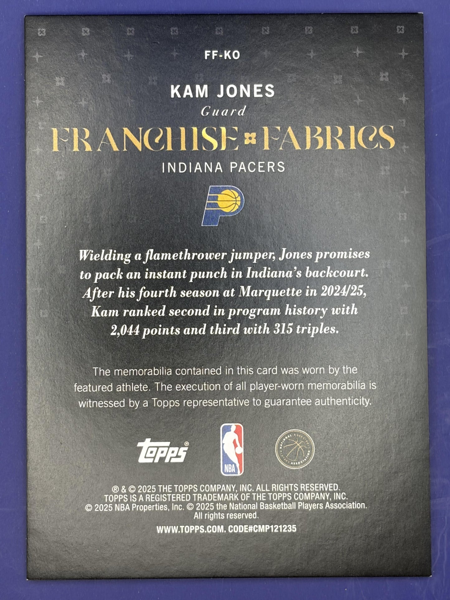 2025-26 Topps Franchise Fabrics Holofoil #FF-KO Kam Jones Indiana Pacers
