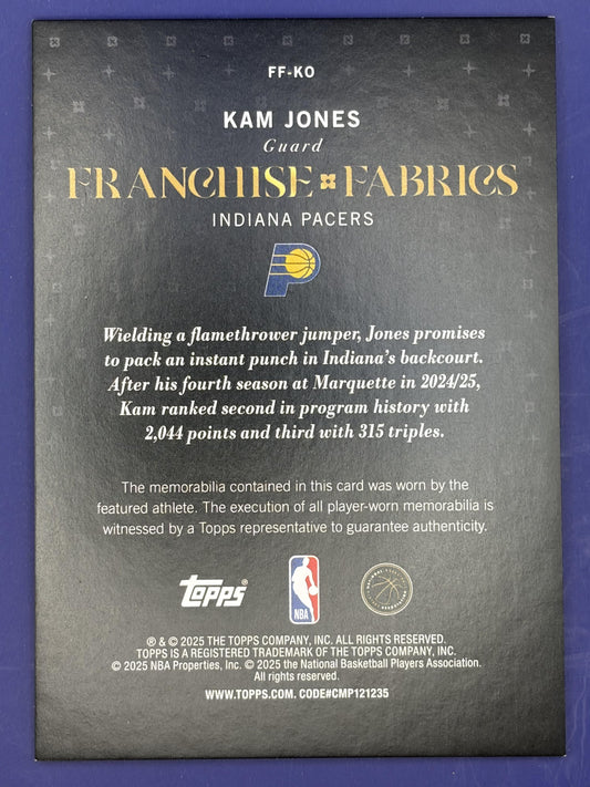 2025-26 Topps Franchise Fabrics Holofoil #FF-KO Kam Jones Indiana Pacers