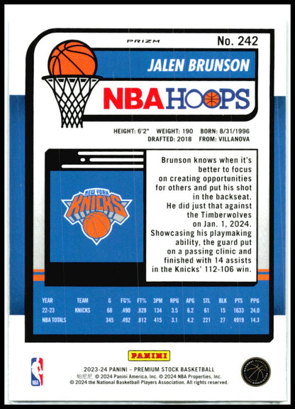 2023-24 Hoops Premium Stock Silver Prizm #242 Jalen Brunson New York Knicks