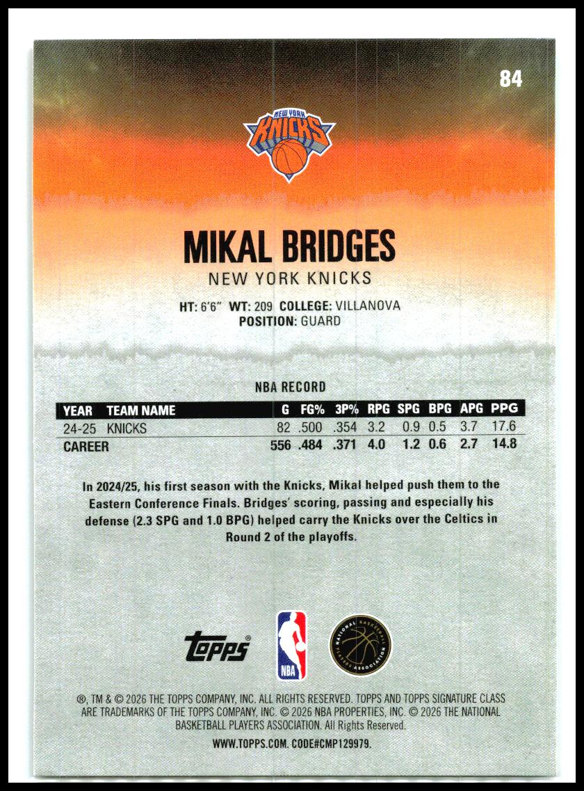 2025-26 Topps Signature Class #84 Mikal Bridges New York Knicks