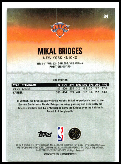 2025-26 Topps Signature Class #84 Mikal Bridges New York Knicks