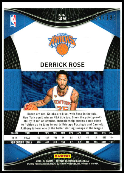 2016-17 Panini Totally Certified Red #39 Derrick Rose #/199 New York Knicks