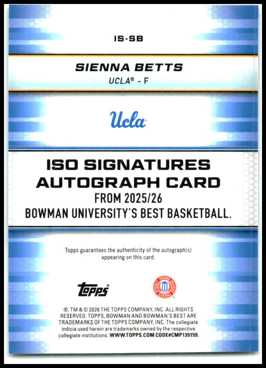 2025-26 Bowman U Best Basketball ISO Signatures Yellow #/75 # Sienna Betts UCLA