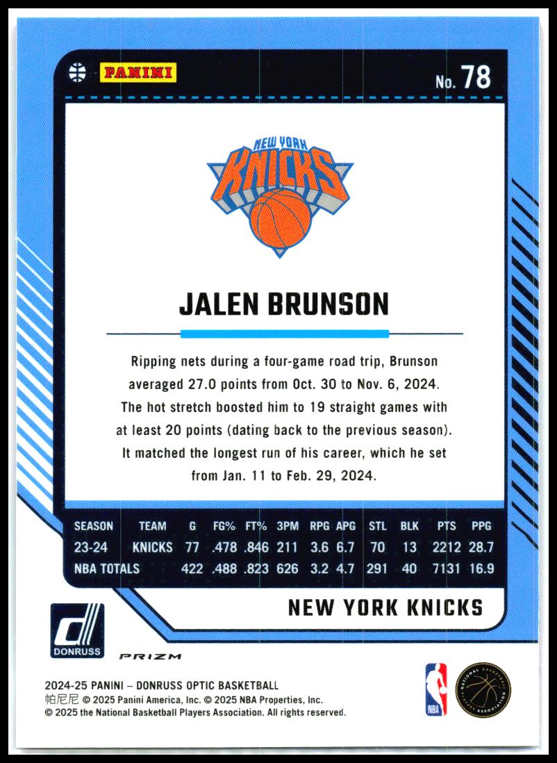 2024-25 Donruss Optic Hyper Pink #78 Jalen Brunson New York Knicks