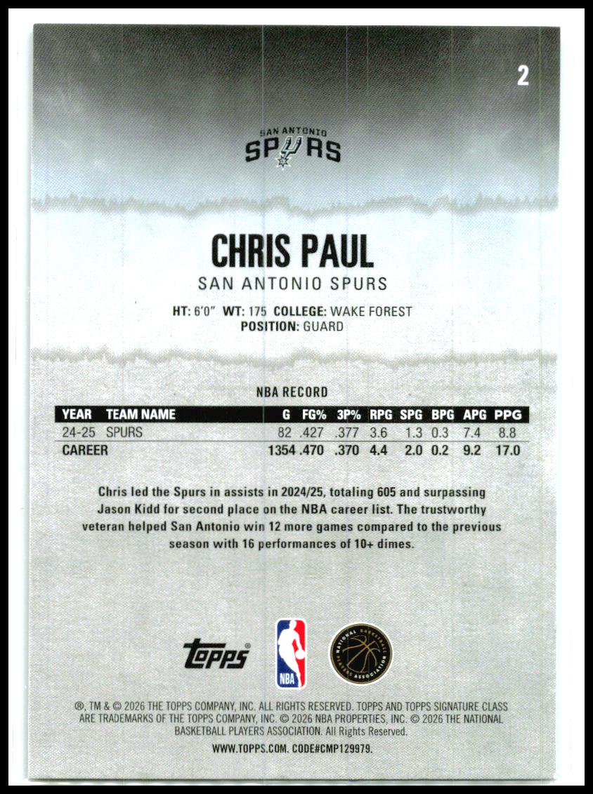 2025-26 Topps Signature Class #2 Chris Paul San Antonio Spurs