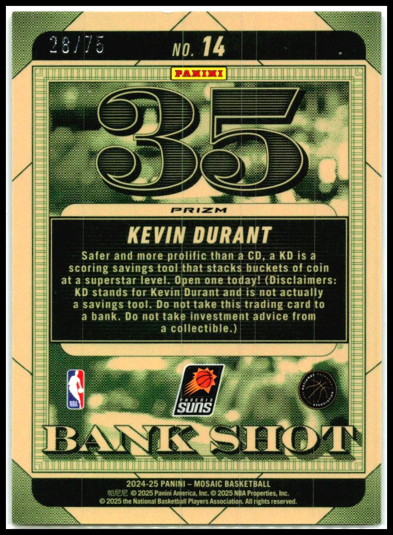 2024-25 Panini Mosaic Bank Shot Mosaic Bronze #14 Kevin Durant #/75 Phoenix Suns