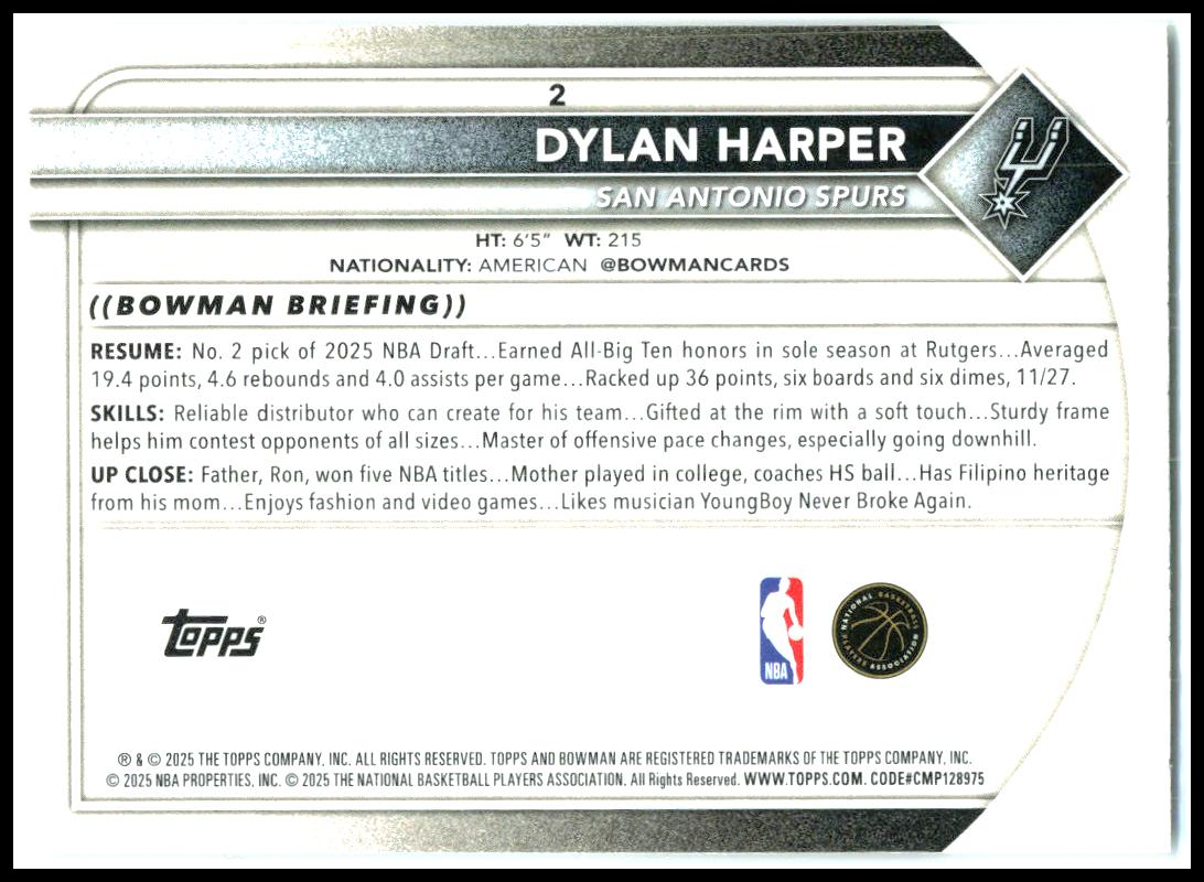 2025-26 Bowman #2 Dylan Harper Rookie San Antonio Spurs