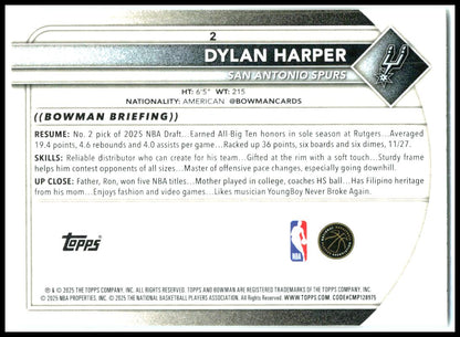2025-26 Bowman #2 Dylan Harper Rookie San Antonio Spurs