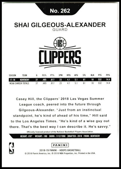 2018-19 Hoops #262 Shai Gilgeous-Alexander Rookie Los Angeles Clippers