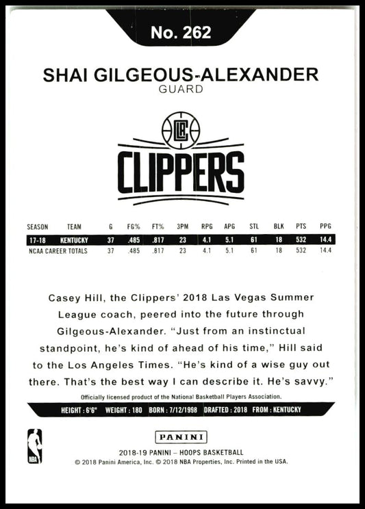 2018-19 Hoops #262 Shai Gilgeous-Alexander Rookie Los Angeles Clippers